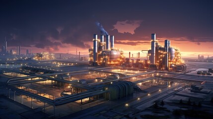 A massive plant, factory, facility or logistics center at dusk or twilight time - obrazy, fototapety, plakaty