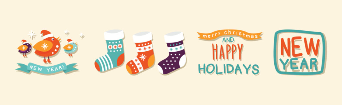 Merry Christmas and Happy New Year Holidays Sticker Vector Set