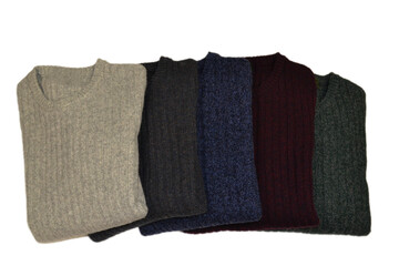 Foldeds gray ribbed crew-neck sweaters on the white background