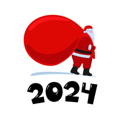 Santa Claus cartoon character coming and carries large heavy gifts red bag. Christmas and Happy New year 2024 holiday greeting card on white background. Vector celebration calendar eps illustration