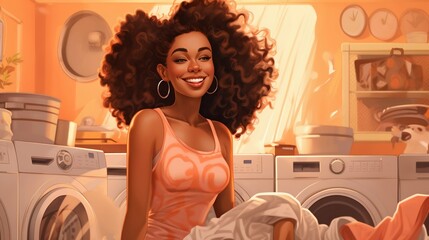 Homely Bliss: Smiling Afro Beauty Woman Enjoying Laundry Chores. Generative ai