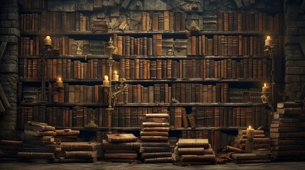 A wall full of Old ancient books of a library, holding many historical books and manuscripts. Wide format