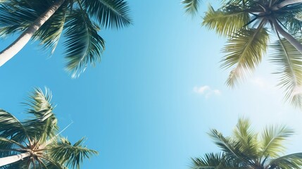 Tropical Canopy: Clear Blue Sky Viewed Through Palm Trees from Below. Generative ai