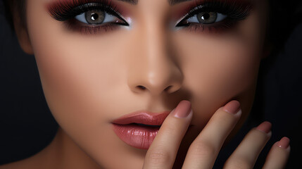 Fototapeta na wymiar Close-up of a woman with makeup, painted lips, perfect manicure and painted nails. Creative banner for beauty salon. 