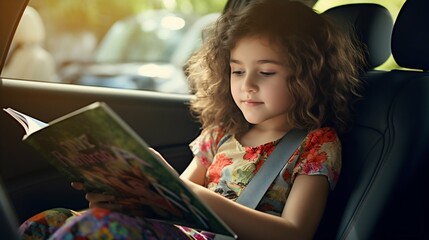 Young Reader's Journey: Kid Absorbed in a Book in Car's Back Seat. Generative ai - obrazy, fototapety, plakaty