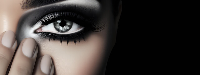 Closeup of woman with makeup, painted black long eyelashes. Creative banner for beauty salon or master of false eyelash extensions. - obrazy, fototapety, plakaty