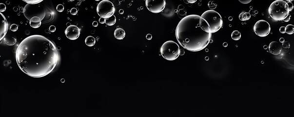 Water drops or oil bubbles on black background. panorama picture..