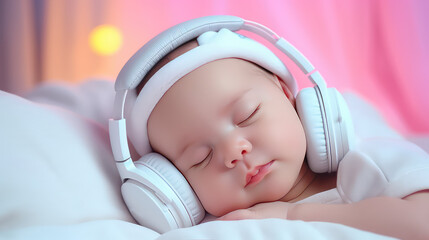 Portrait of cute sleeping newborn infant baby in headphones. Relaxing classical music for sleep, relaxing sounds.