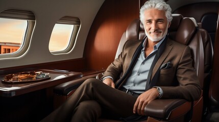 Executive Journey: Senior Businessman in First-Class Cabin Comfort. Generative ai