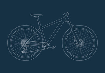 Fototapeta na wymiar Mountain bike, cross country, mtb, downhill bicycle in outline sketch style in view side. Vector illustration in line isolated on dark background.