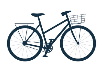 City, road bike with basket. Classic bicycle, eco-friendly transport with a front rack for carrying cargo. Vector illustration silhouette isolated on white background - obrazy, fototapety, plakaty