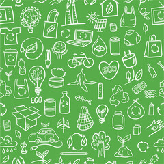 Vector seamless pattern of elements of environmental symbols drawn by hand in the style of a doodle