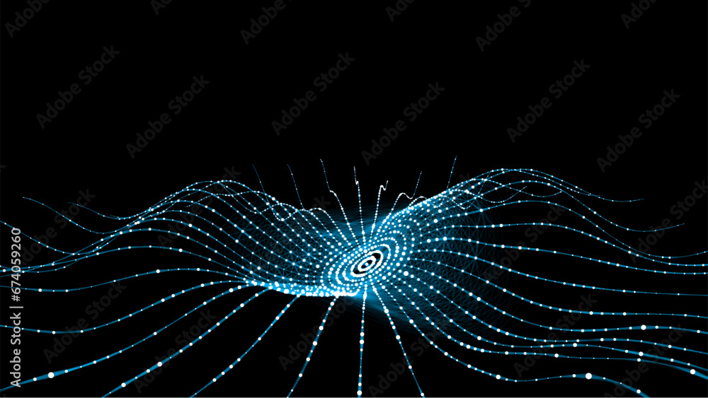 Poster Technology blue circle wave of particles and lines. Big data visualization. Analytics representation. Digital background. Vector illustration.