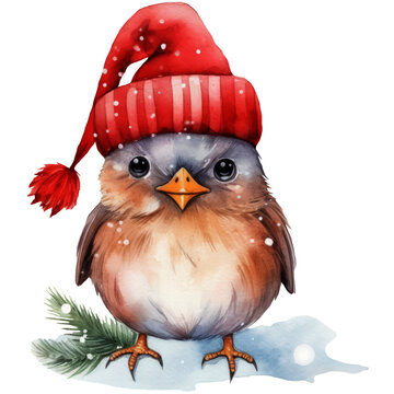 Watercolor Christmas cute bird with Santas hat clipart, cute watercolor animal illustration, painting for Sublimation, Christmas card design, print
