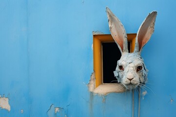 rabbit concealed in a blue wall. Generative AI