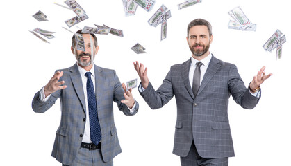 business success of millionaire. businessmen dealing with money. millionaire business men with money isolated on white. rich and successful businessmen. millionaire lifestyle