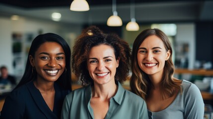 three women are smiling together in a dark office - obrazy, fototapety, plakaty