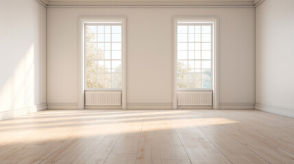 An empty room with white-painted walls and large windows awaits the perfect furniture and décor