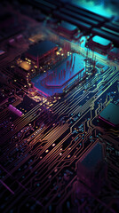 Cyber background with colorful computer circuit mainboard with microchip.