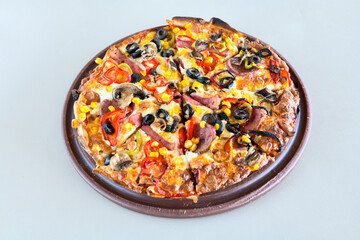 Delicious mixed pizza with rich content. Menu concept of choice and diversity. Pepperoni, Formaggi, Veggie, Karisik pizza