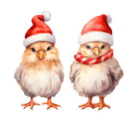 Small chickens birds in red Santa hat isolated on white background. Christmas farm chicken watercolor illustration.