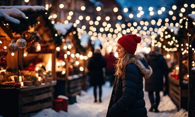 A happy girl in warm clothes stands on a decorated evening street at the Christmas market, lights the sparklers and looks at camera with a smile on his face.Walk through streets of city at Christmas - obrazy, fototapety, plakaty