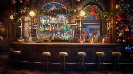 Fototapeta na wymiar interior of bar with christmas decorations