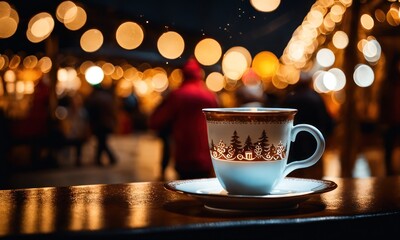 Obraz premium Merry Christmas and Happy Holidays. A cup of hot drink and cookies with background of the lights of Christmas market. Cup of coffee on the window sill. Bright lights of the city hristmas background.