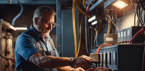 A male electrician works in a switchboard with an electrical connecting cable. Mature man electrician works in a commutator. Connects the equipment with tools, the concept of complex work - obrazy, fototapety, plakaty