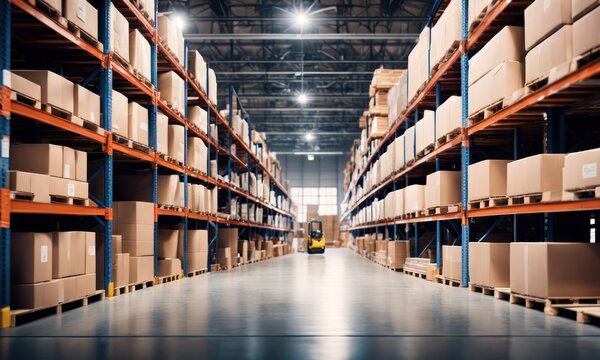 Warehouse inventory product stock for logistic background, Long shelves with a variety of boxes. Retail store full of goods in cartons with pallets and forklifts. Transportation distribution center