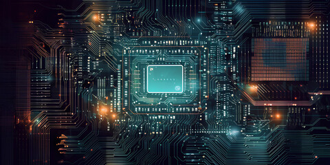 Naklejka premium Cyber technology background. Computer circuit mainboard with microchip. Flat lay.
