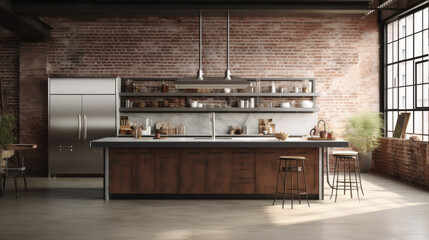 an industrial-style kitchen with exposed brick walls and stainless steel appliances and a large kitchen island 