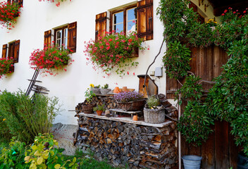 Fototapeta na wymiar rustic windows with cute white curtains, wooden shutters and red geraniums on the window ledge and a pile of firewood in the Bavarian alpine countryside Schwangau in the German Alps, Bavaria, Germany
