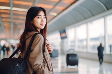 Obraz premium portrait of asian woman wearing casual clothes with suitcase and bag walking through the airport