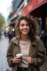 Smiling Young Woman Enjoying Coffee Outdoors at a Street Cafe