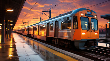 Naklejka premium Commuter Train at Station During Vibrant Sunset