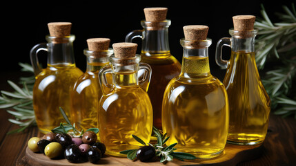 Assortment of Olive Oil in Glass Bottles with Herbs