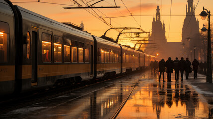 Sunset at the Train Station with Commuters