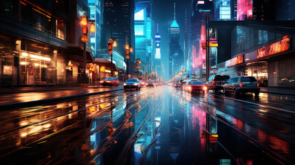 Neon-Lit Street in the City at Night After Rain