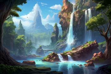 Captivating waterfall scenery in soothing colors, faithfully capturing nature's might and peace. Embrace eco-friendly energy. Generative AI - obrazy, fototapety, plakaty
