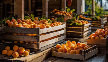 Organically produced and harvested vegetables and fruits from the farm. Fresh apricots in wooden crates and sacks. Stored and displayed in the warehouse - obrazy, fototapety, plakaty