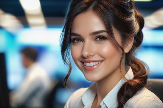 Portrait of attractive cheerful brown wispy haired girl leader partner top director startup developer in modern office. Close up of smiling young adult girl with blurred open space background.