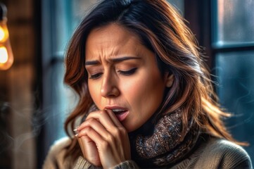 Fototapeta na wymiar Tonsillitis and angina concept. Sick woman with closed eyes touching her sore throat. Unhealthy female with painful feelings in neck feels discomfort, hard to swallow, irritation or loss of voice