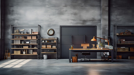 an industrial-style office with a metal desk and a wall of shelves and a filing cabinet in the corner