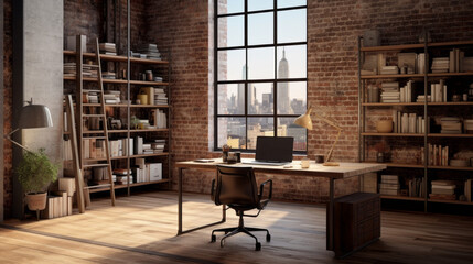 an industrial-style office with exposed brick walls and a wooden desk and a tall bookshelf and a standing lamp - obrazy, fototapety, plakaty