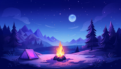 Illustration of a campfire in the wilderness with blue and violet color scheme. Business concept of campfire session, adventure, risk taking and get-away. 