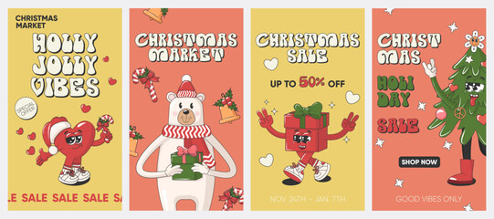 Groovy Christmas sale stories social media temlate with funky retro cartoon elements and charactres. Trendy vector illustration for postcards or posters.