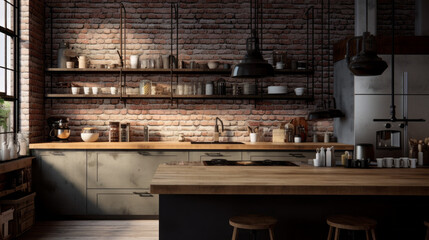 an industrial kitchen with exposed brick walls and stainless steel appliances and wooden countertops