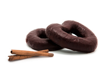Holiday cookies in chocolate glaze isolated on white background. Cookies in the shape of heart.