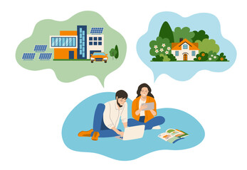 A young couple is discussing options for buying a house. Choosing a house to buy. Home selection concept